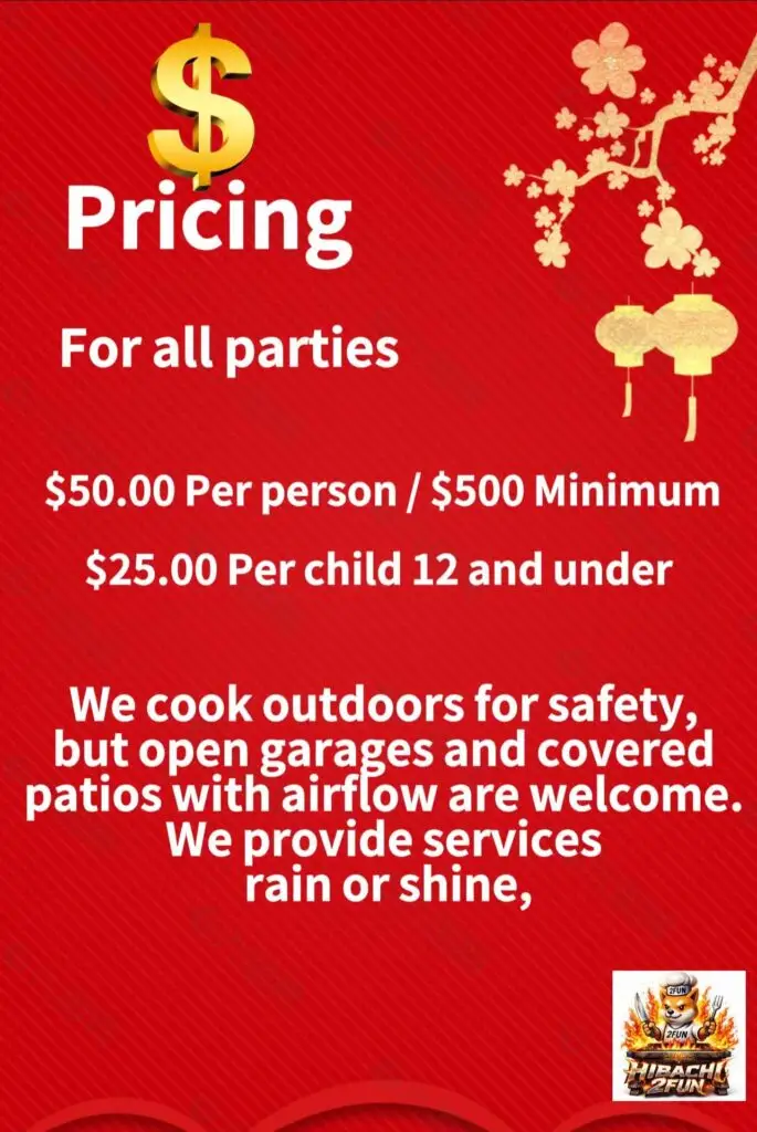 Mobile hibachi at home pricing menu and protein options for PA and NJ events.