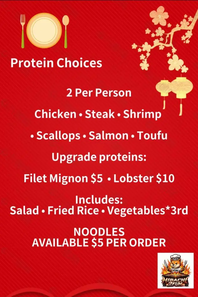Mobile hibachi at home pricing menu and protein options for PA and NJ events.