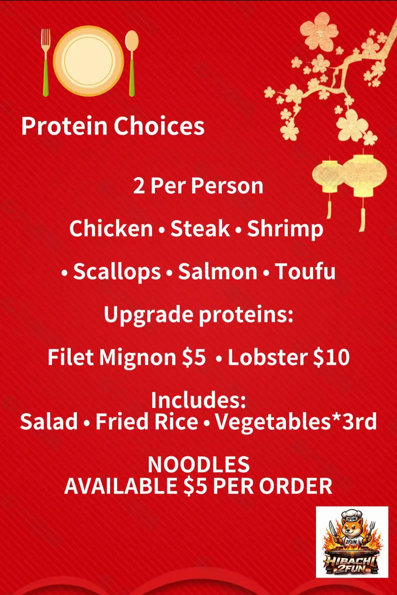 Mobile hibachi at home pricing menu and protein options for PA and NJ events.