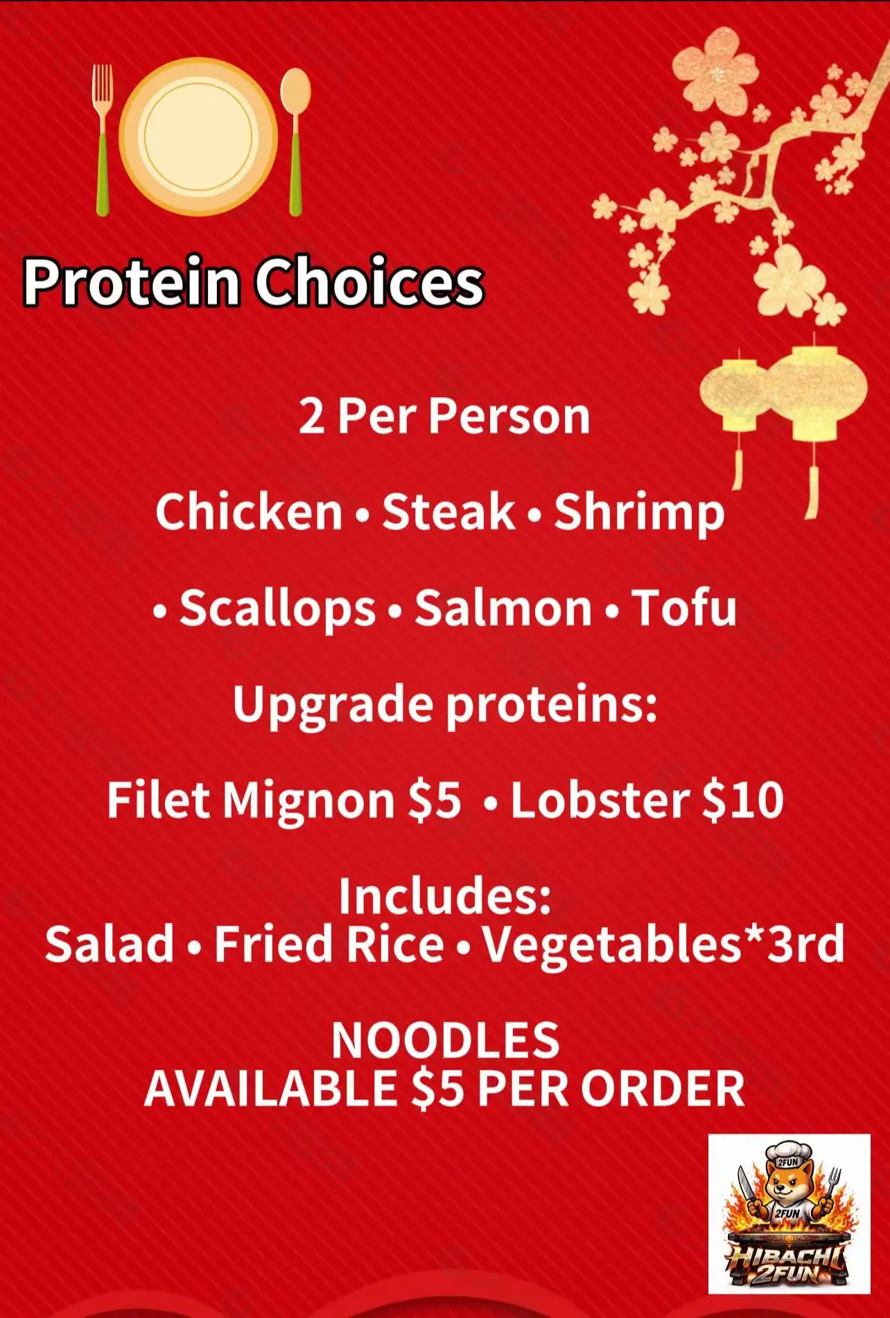 Mobile hibachi at home pricing menu and protein options for PA and NJ events.